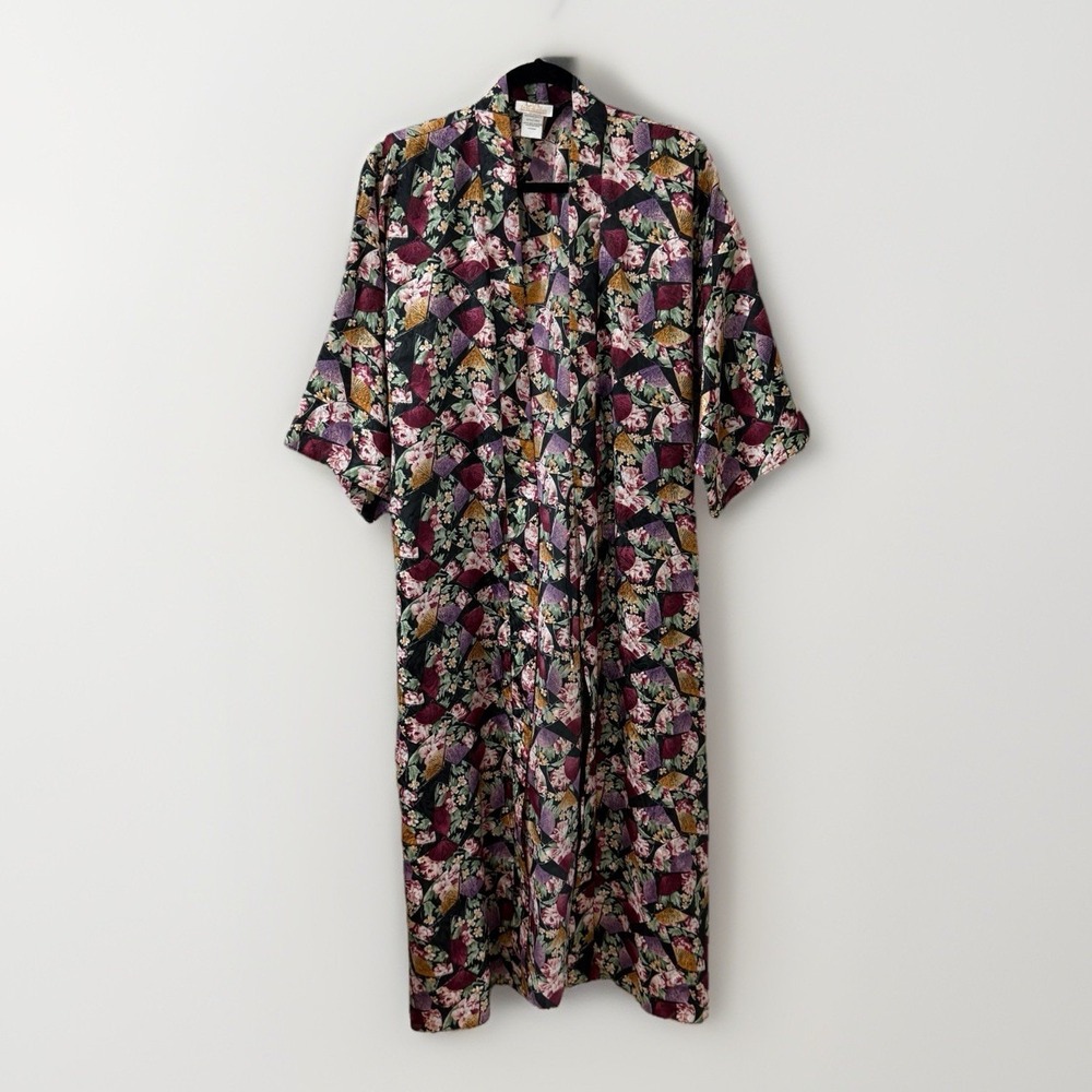Vintage LA Intimates Lingerie Robe Womens Sz M Satin Kimono Floral Wrap‎ w/ Belt